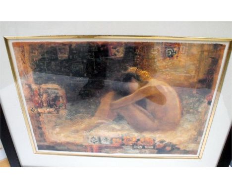 An oilograph print depicting a semi naked woman, 62cm x 45cm 