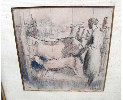 R Dugas - 'L'Etabele' (cowshed), pencil & watercolour, signed lower right, 12 by 12.5cm. 