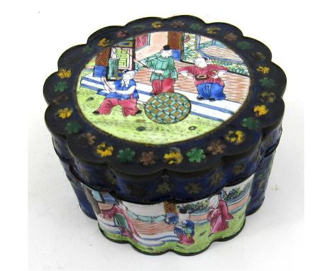 A Chinese enamel lidded box, decorated figures on a deep blue ground (some losses) 9cm diameter 