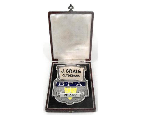 A silver and enamel Bookmakers Protection Association badge issue to J Craig, Clydebank and numbed 362, Birmingham 1929, case