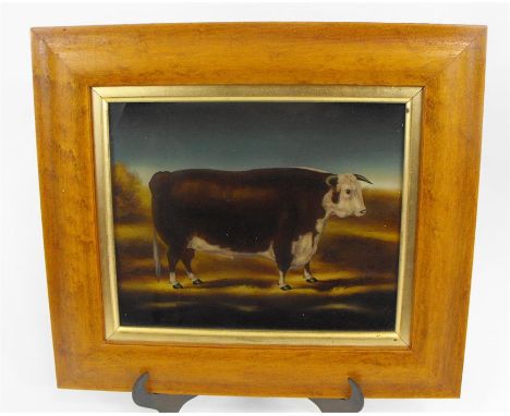 An 18thC style print on glass of a cow, in a maple frame 21cm x 17cm 