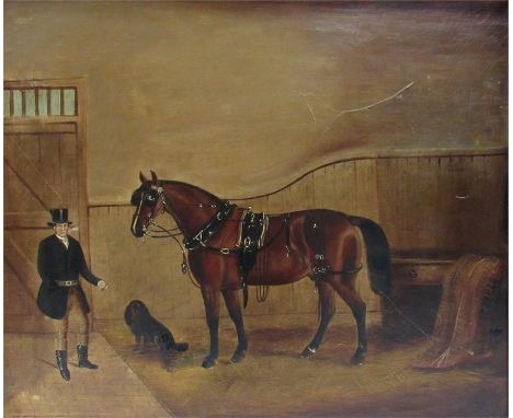An 18thC primitive school horse and gentlemen in stable, oil on canvas, initialed B M lower right corner 58cm x 50cm 