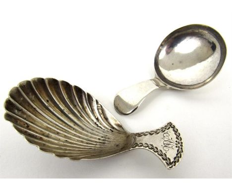 A George III silver caddy spoon, Birmingham 1805 and another shell shaped silver caddy spoon, London 1802 with makers mark fo