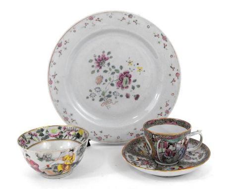 A Chinese 18thC famille rose plate, decorated flowers 23cm diameter, a Canton export famille rose cup and saucer, decorated f