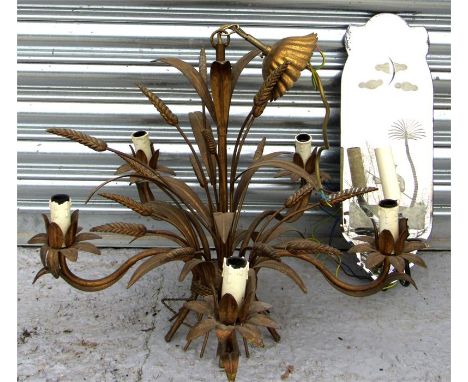A gilt metal wheat sheath ceiling light, 49cm high and a mirror backed wall light (2)