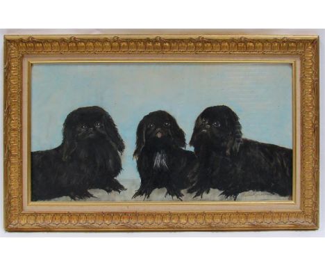 Raoul Rou****, portrait of three black pekineses dogs, pastel, indistinct signature lower right corner 68cm x 34cm  