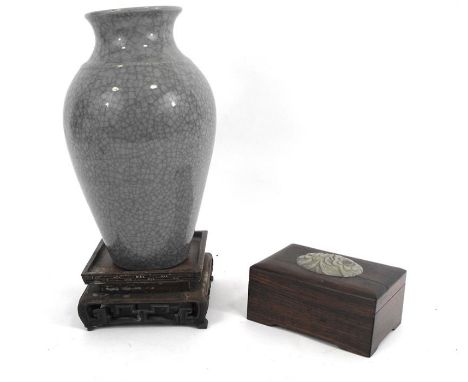 A Chinese hardwood box with jade inset, 13cm x 9cm, and a Chinese hardwood vase stand, 13cm x 13cm, a Chinese Celadon glazed 