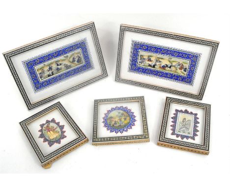 A group of Anglo Indian figural paintings on mother of pearl mounted in Sadeli micro mosaic frames (5) 