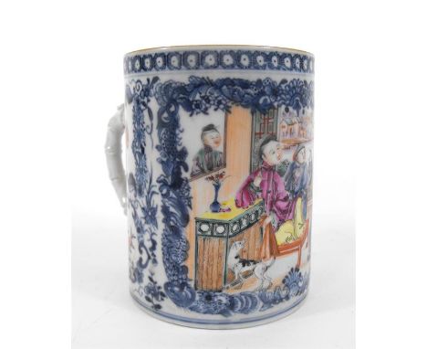 An 18thC Chinese cider tankard, of cylindrical form decorated figures in enamel colours 13cm high  