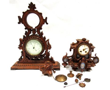 A Victorian walnut cased barometer 39cm wide and a gilt metal mantle clock, (both AF) 