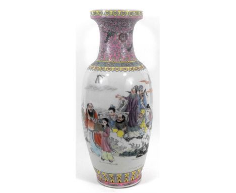 A 20thC Chinese vase, decorated figures and calligraphy in enamel colours with double seal mark to base 62cm high 