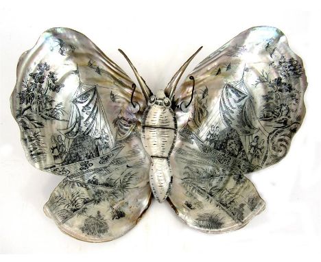 A Chinese mother of pearl butterfly, decorated with figures and boats 28cm x 21cm 