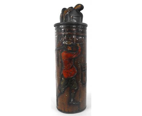A Macfarlane Lang & Co biscuit tin, in the form of a golf bag and clubs, decorated with figures playing golf, 26cm high 
