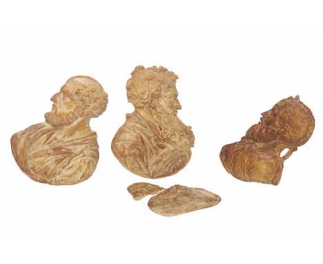THREE VICTORIAN WAX RELIEF PORTRAITS
of three gentleman, the largest 12cm long; together with another wax portrait (damaged) 