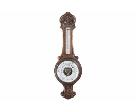VICTORIAN CARVED OAK BANJO BAROMETER
maker unknown, with scroll pediment, the mercury thermometer above the circular dial, 81
