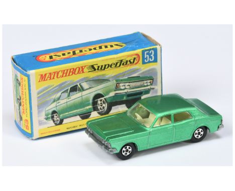 Matchbox Superfast 53a Ford Zodiac - metallic green body, clear windows, ivory interior, bare metal base, hollow large diamet