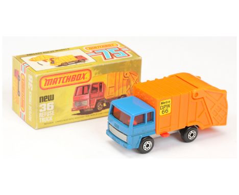 Matchbox Superfast 36d Refuse Truck - blue cab &amp; chassis,red windows, orange container body with "Metro DPW 66" labels, o