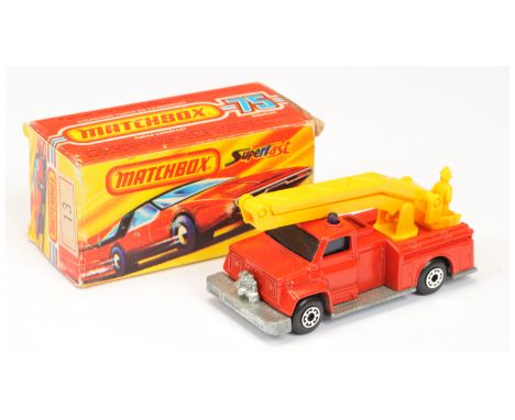 Matchbox Superfast 13c Snorkel Fire Engine MADE IN BRAZIL ISSUE - red body, dark yellow plastic hoist &amp; cage, blue window