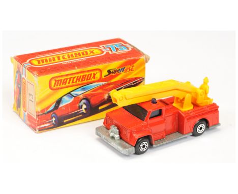 Matchbox Superfast 13c Snorkel Fire Engine MADE IN BRAZIL ISSUE - red body, dark yellow plastic hoist &amp; cage, blue window