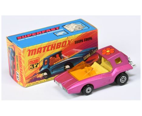 Matchbox Superfast 37b Soopa Coopa - metallic candy pink body with flower rood label (from 13b Baja Buggy), dark amber windsc