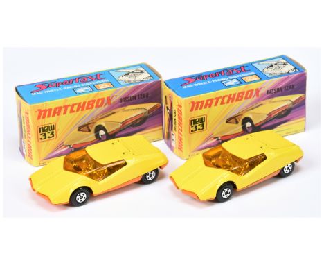 Matchbox Superfast 2 x 33b Datsun 126X - both are dark amber windows, chrome interior, base without cast axle braces - (1) da