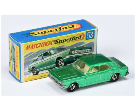 Matchbox Superfast 53a Ford Zodiac - metallic green body with low arches, clear windows, ivory interior, bare metal base, hol