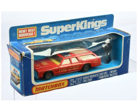 Matchbox Super Kings K-67 Dodge Monaco Station Wagon Fire Chief Car - red body with dark yellow Tampo Print, light blue roof 