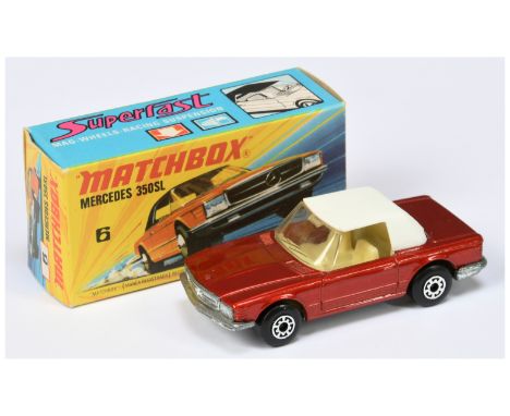 Matchbox Superfast 6b Mercedes 350SL - metallic red body with white plastic roof. clear windscreen, pale yellow interior, bar