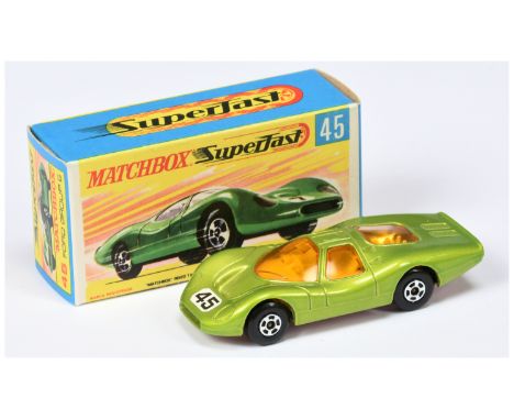 Matchbox Superfast 45a Ford Group 6 - metallic lime green body with racing number 45 nose label, dark amber windows, ivory in