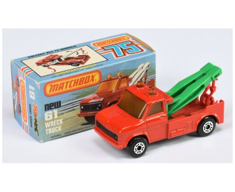 Matchbox Superfast 61b Ford A Series Wreck Truck - red body, amber windows, RARE GREEN JIBS WITH RED HOOKS, matt black base, 