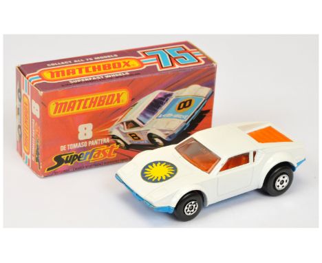 Matchbox Superfast 8c De Tomaso Pantera - white body with sunburst hood label (from 47b Beach Hopper), orange interior, blue 