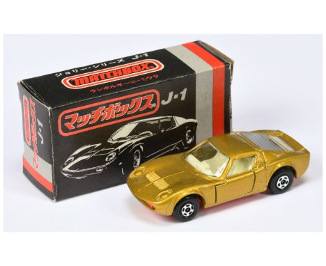 Matchbox Superfast 33a Lamborghini Miura - metallic gold body with high arches, ivory interior, DAYGLO ORANGE-PINK BASE, 5-sp