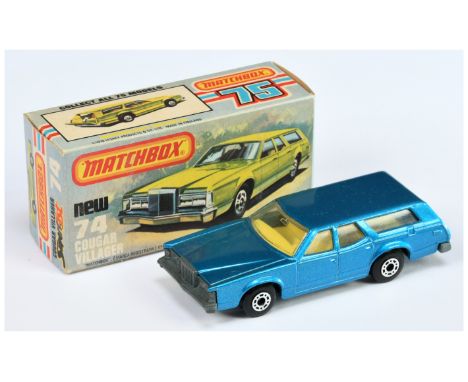 Matchbox Superfast 74c Mercury Cougar Villager - metallic blue body, clear windows, lemon yellow interior, grey-blue plastic 