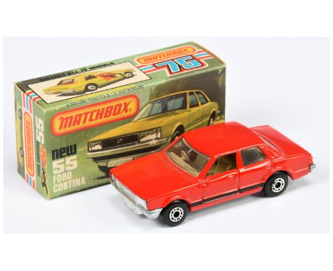 Matchbox Superfast 55c Ford Cortina Twin Pack Issue - red body with black side stripe tampo print, clear windows, TAN INTERIO