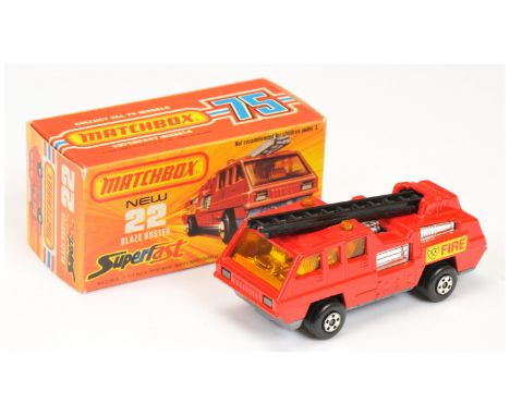 Matchbox Superfast 22c Blaze Buster Fire Engine - brighter red body, dark amber windows, RARE BLACK PLASTIC LADDER, chrome in