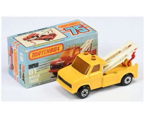 Matchbox Superfast 61b Ford A Series Wreck Truck - dark yellow body, amber windows, RARE WHITE JIBS WITH RED HOOKS, gloss bla