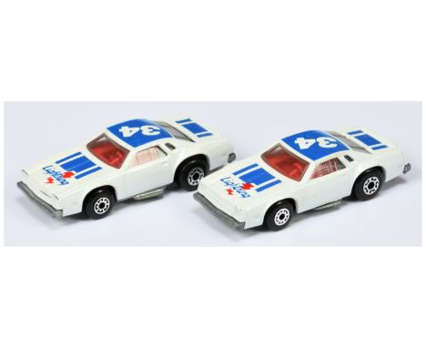 Matchbox Superfast 2 x 34c Chevy Pro Stocker TAMPO VARIATIONS - both are white body with blue &amp; red racing number 34 hood