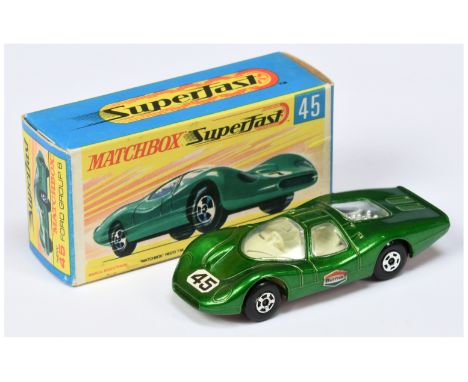 Matchbox Superfast 45a Ford Group 6 - metallic green body with racing number 45 nose label, Burmah door labels, clear windows