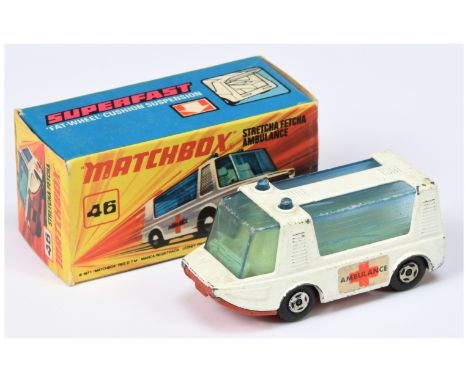 Matchbox Superfast 46b Stretcha Fetcha Ambulance - large red cross Ambulance labels, RARE LIGHT BLUE WINDOWS, pale yellow ine