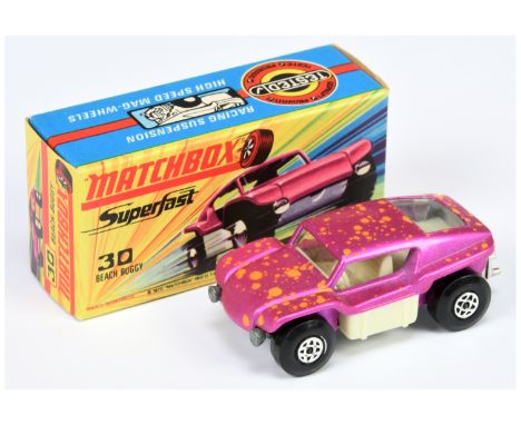 Matchbox Superfast 30b Beach Buggy - metallic candy pink body with orange spots, ivory interior, small engine exhausts, bare 