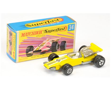 Matchbox Superfast 34a Formula 1 Racing Car - lemon yellow body with yellow stripe racing number 16 nose label, clear windscr