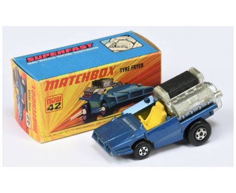 Matchbox Superfast 42b Tyre Fryer MADE IN BRAZIL ISSUE - metallic dark blue body, lemon yellow interior, bare metal Lesney En