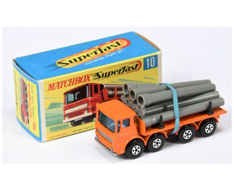 Matchbox Superfast 10a Leyland Pipe Truck - darker orange body, RARE SILVER-GREY PLASTIC GRILLE &amp; BASE, grey pipe load at