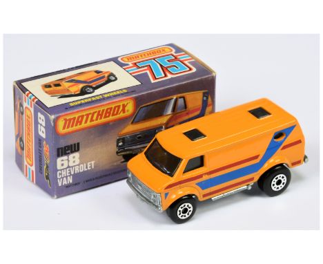 Matchbox Superfast 68c Chevrolet Van - orange body with blue &amp; red stripe tampo print, RARE SMOKE GREY TINTED WINDOWS, ba