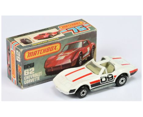 Matchbox Superfast 62d Chevrolet Corvette T-Bar - white body with red &amp; black racing number 9 tampo print, clear windows,