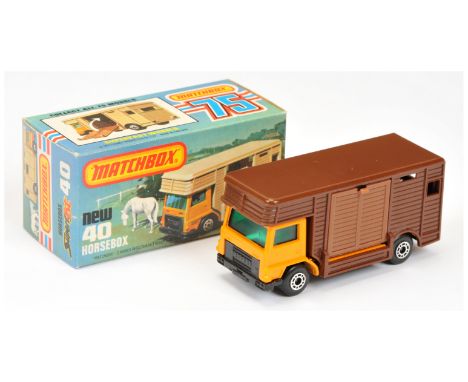 Matchbox Superfast 40b Bedford Horsebox - light orange cab, dark chocolate brown rear body with lighter brown ramp, dark gree