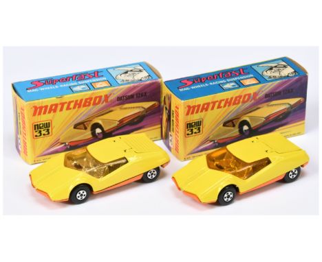 Matchbox Superfast 2 x 33b Datsun 126X - both are chrome interior, base with axle braces - (1) dark amber windows, darker ora