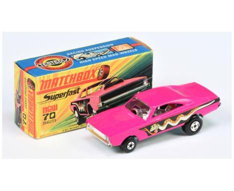 Matchbox Superfast 70a Dodge Charger Dragster - pink body (darker shade) with light green snake labels, clear windows, RARE M