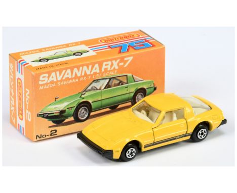 Matchbox Superfast Japan Series No.2 Mazda Savanna RX-7 - yellow body with black side stripes, clear windows, ivory interior,