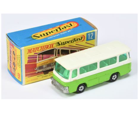 Matchbox Superfast 12b Setra Coach MADE IN BRAZIL ISSUE - lime green body with thin rear bumper casting, white plastic roof, 